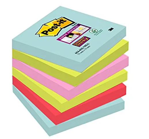 Post-it Super Sticky Foglietti, 90 Fogli, Confezione da 6 Blocchetti, 76 x 76 mm, Multicol...