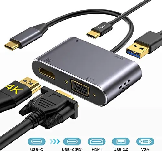 Adattatore USB-VGA, 4 en 1 Hub USB C, HDMI 4K, 1080P VGA, USB 3.0 y PD 3.0, per Nintendo S...