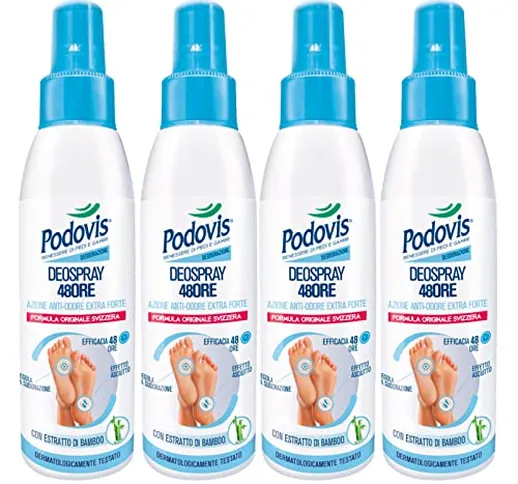 4x Podovis Deospray 48 Ore Deodorante Piedi Azione Anti Odore Extra Forte Regola la Sudora...