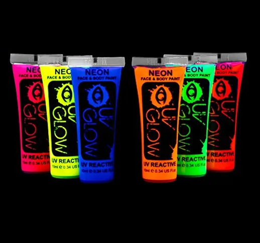 UV Glow Vernice Fluorescente Pelle Viso Corpo Colore UV - Neon Glow Fluo (10ml x6)