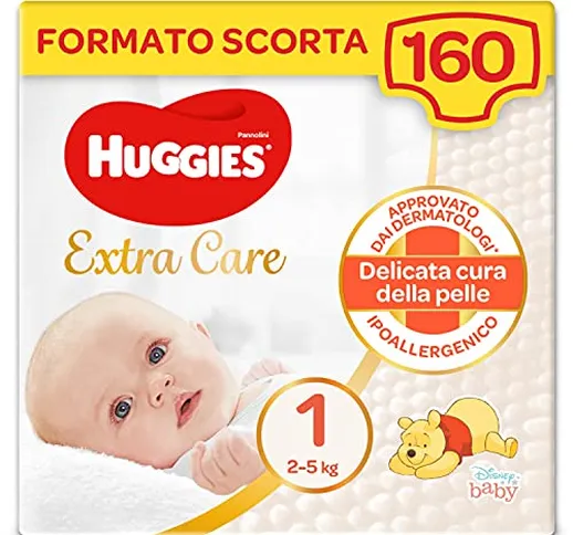Huggies Extra Care Bebè Pannolini, Taglia 1 (2-5Kg), Confezione da 160 Pannolini