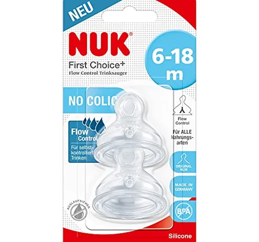 NUK - First Choice+ Flow Control, tettarelle per biberon, 6-18 mesi, valvola anti-colica,...