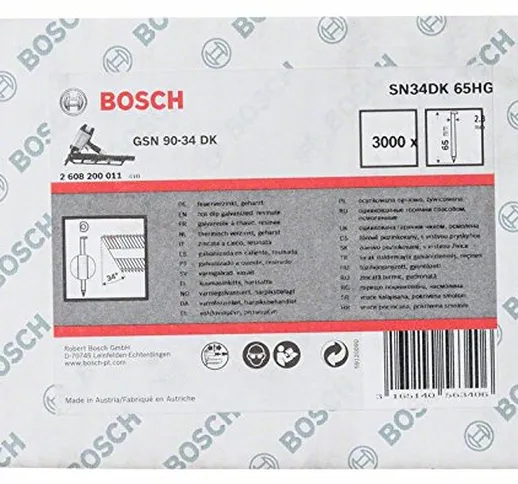 Bosch 2 608 200 011 - Chiodi in stecca con testa a D zincata a caldo SN34DK 65HG, lisci, 3...