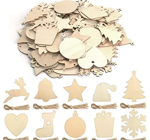 KATELUO 100 Pezzi Decorazioni Natalizie in Legno, Natale Ciondolo in Legno, Decorazioni Al...