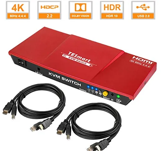 TESmart KVM Switch HDMI USB Commutatore a 2 Porte + 2 Cavi HDMI USB, 2 in 1, con Audio e H...