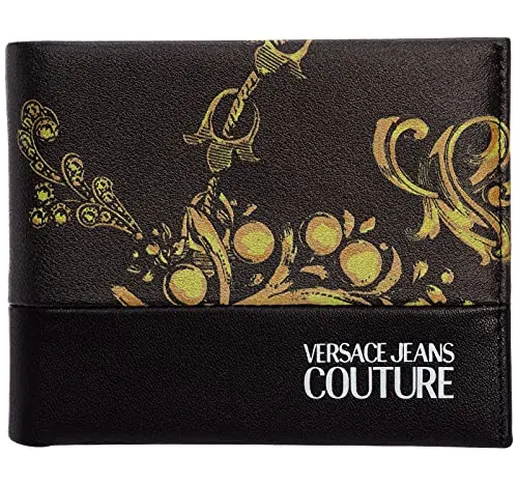 Versace Jeans Couture Portafoglio piccolo in similpelle nero con stampa Baroque giallo