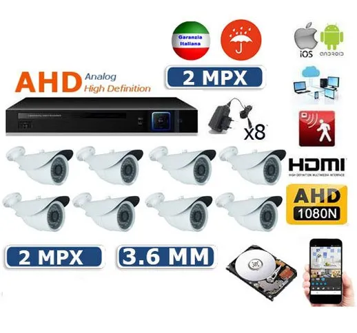 allarmshop Kit VIDEOSORVEGLIANZA AHD IP Cloud DVR AHD 8 CANALI -8 TELECAMERE 48 LED 2 MPX...