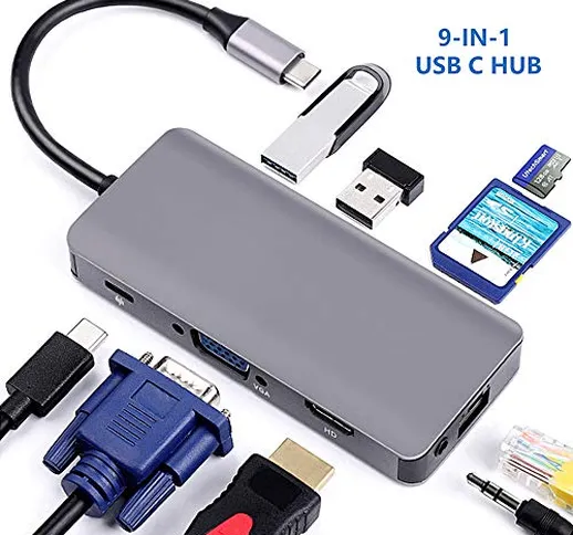 PRXD Hub USB C, Hub USB Tipo C Adattatore HDMI per MacBook PRO, Ricarica PD USB-C 9 in 1,...