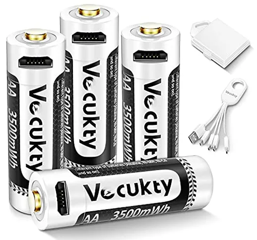 Vecukty Batterie AA Ricaricabili USB, 3500mWh Lithium-ion Pile AA LR06 HR06 1.5V Ricarica...