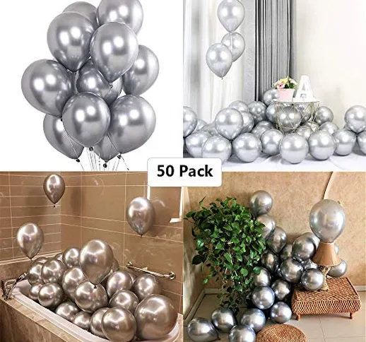 Palloncini Argento, 50 Pezzi Palloncini Metallo Argento Elio, per Compleanno, Matrimonio A...