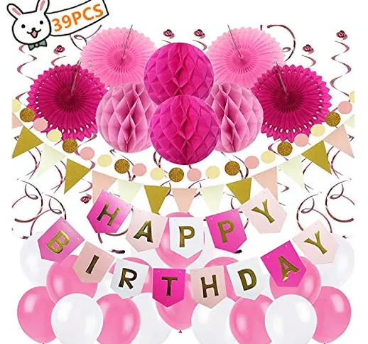 Decorazioni per Feste di Buon Compleanno Rosa Bianco 39PCS Palloncini per Compleanno Pom P...