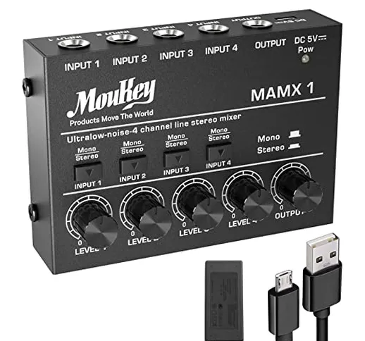 Moukey Mixer 4 canali Stereo mini Mixer audio DC 5V ideale per piccoli club o bar Come un...