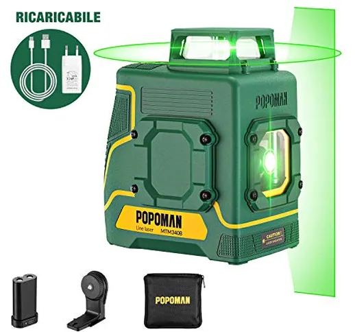 Livella Laser verde POPOMAN, 1x360° linee laser 30m, ricarica USB batteria al litio, 360°...