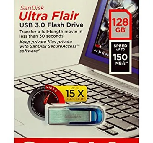 Sandisk Ultra Flair 128 GB, Chiavetta USB 3.0, Velocità di Lettura fino a 150 MB/s, Blu