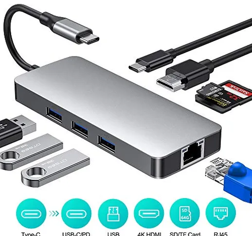 RAYROW Hub USB C, Hub Type C 8 in 1 con HDMI 4K, Porta di Ricarica PD, 3 Porte USB 3.0, Le...