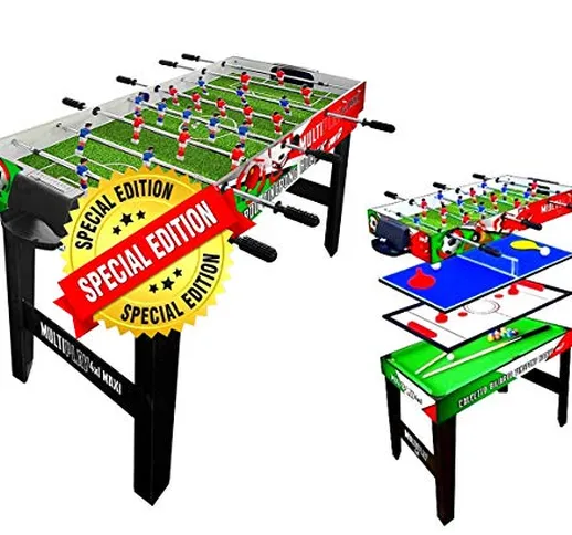 Sport One Tavolo Multigioco Super Italy - 4 Giochi in 1 - Calciobalilla 4 Vs 4 Aste Rientr...