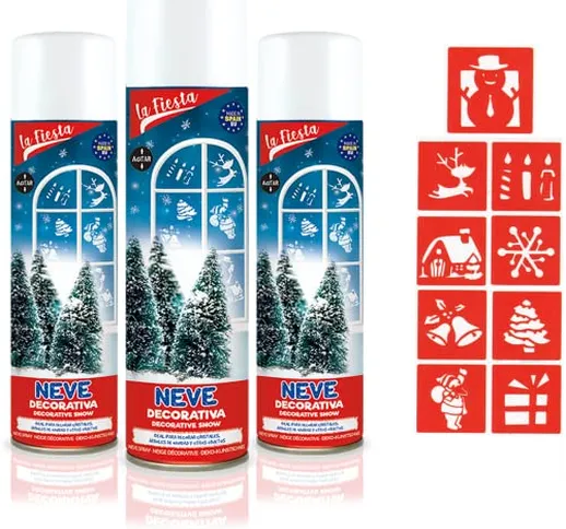 HAND - Set 3 Bombolette 150ml di Neve Spray per Albero di Natale e Vetri con 9 Stencil Dec...