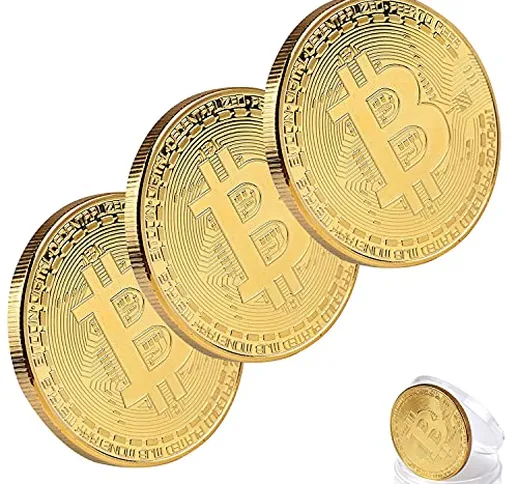 RoserRose Moneta Fisica Bitcoin Rivestita in Oro Puro 24 Carati, 3 Pezzi Gold Bitcoin Coin...