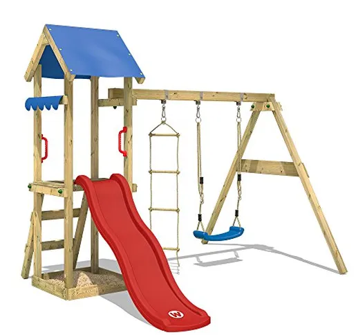 WICKEY Parco giochi in legno TinyCabin Giochi da giardino con altalena e scivolo rosso, To...