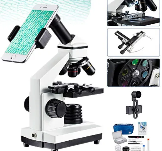 1000x Microscopio Composto con Righello Movibile LED da Laboratorio con Vetrini Preparati...