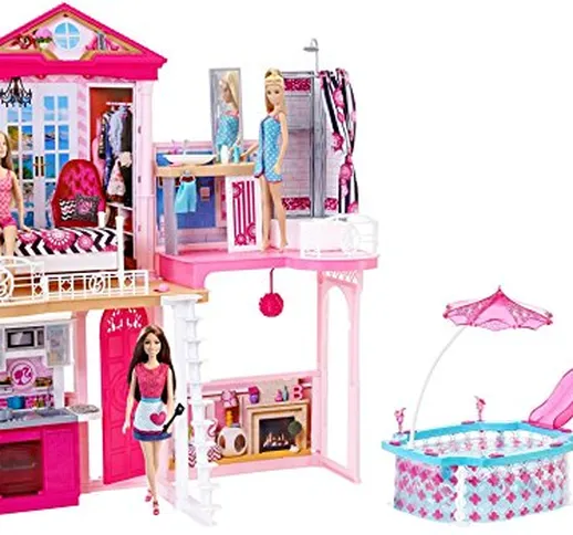 Barbie – Set Completo casa e Piscina, Set Regalo Inclusi 3 Bambole e 3 Set di mobili