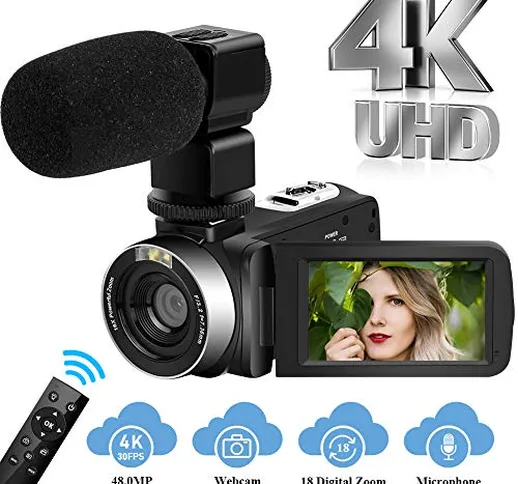 Videocamera Ultra HD 4K con microfono, Videocamera Vlogging 48MP con videocamera touch scr...