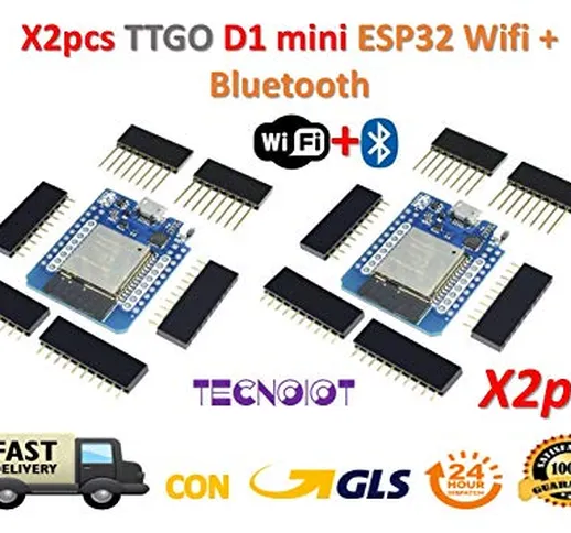 TECNOIOT 2pcs ESP32 Mini D1 ESP32 ESP-32 WiFi + Bluetooth Internet of Things Development T...