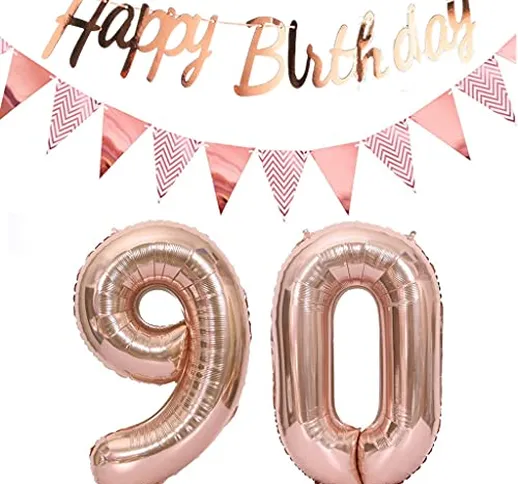 Palloncini 90 anni decorazione donne rosegold+ghirlanda buon compleanno +catena 40 "numeri...