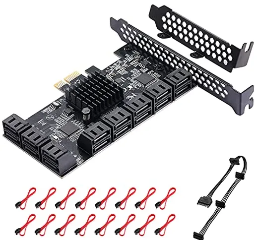 MZHOU PCle 16-Port SATA III Controller Scheda di Espansione, 6 Gbps X1/X4/X8/X16, Supporto...