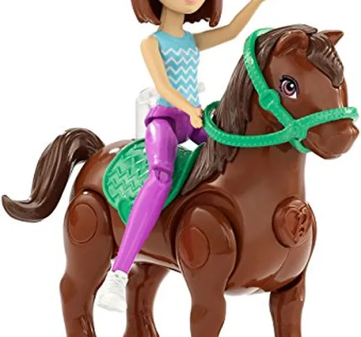 Barbie fhv62, Bambola On The Go (Castana) & Mini Pony Marrone, con Sella Verde