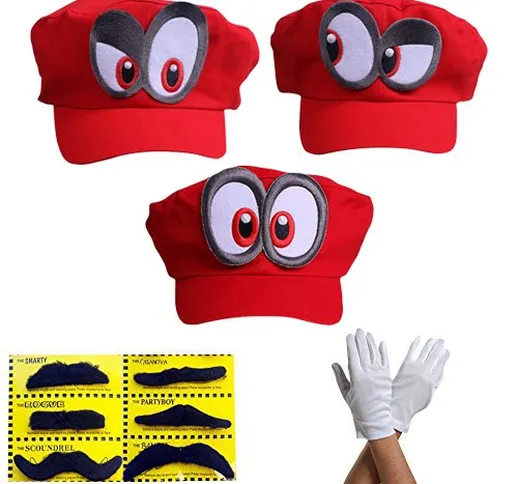 3x Super Mario Cappello Odyssey - Set di 3x Guanti e 6x barba appiccicosa Costume per adul...