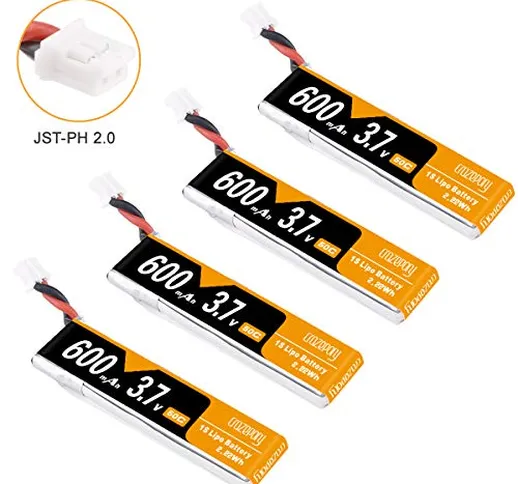 Makerstack 4 Pezzi 600 mAh 1 S 3.7 V Batteria LiPo 50C JST-PH 2.0 Connettore PowerWhoop mC...