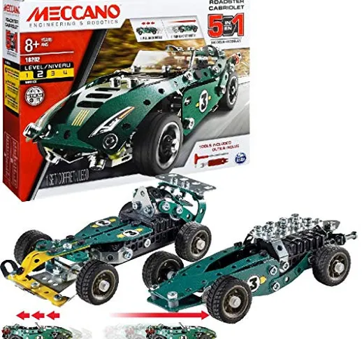 MECCANO by Erector 5 in 1 Roadster Pull Back Car Building Kit, STEM Engineering Education...