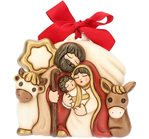 THUN® - Formella Media Sacra Famiglia - Natività da Appendere con Fiocco Rosso - Ceramica...