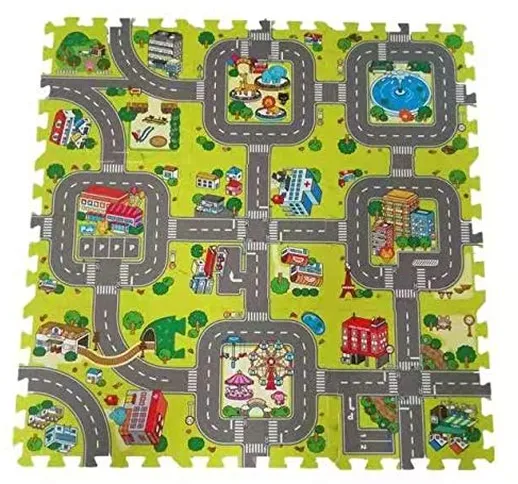 VLFit Tappeto Puzzle Bambini Motivo Città – Tappeto per Bambini con Strade 90 x 90cm – Tap...