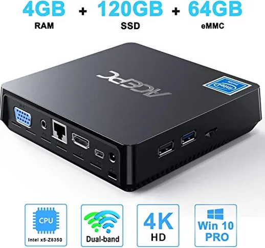 Mini PC,4 GB RAM+64 GB ROM+120G SATA SSD da 2.5",Windows 10 Pro,Intel x5-Z8350 Processore,...