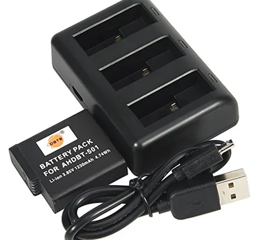 DSTE® Spare Batteria + 3 Batteria Channel Travel USB Caricabatteria per GoPro AHDBT-501 BT...