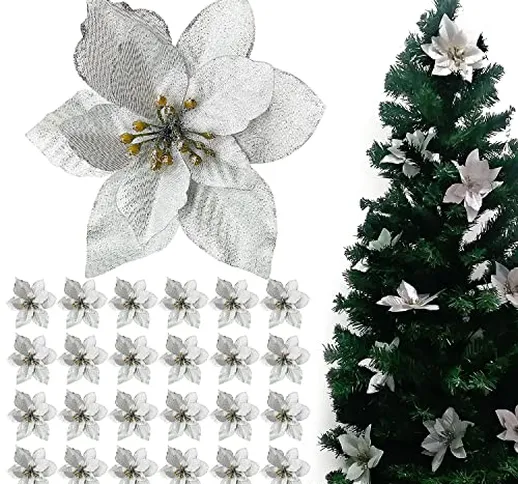 24 Pezzi Fiori di Natale Poinsettia Glitter, Artificiali Stella di Natale Glitterata Decor...