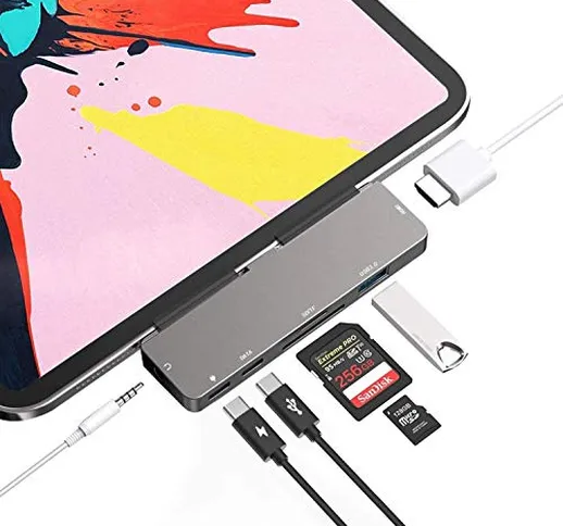 CARYWON Hub USB C per iPad Pro 2020 2018 11"/12,9", 7 in 1 Hub con USB C a HDMI 4K, porta...
