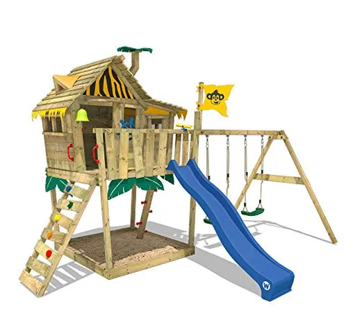 WICKEY Parco giochi in legno Smart Monkey Giochi da giardino con altalena e scivolo blu, C...