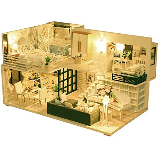 Fsolis Miniatura casa delle Bambole con mobili,3D Fai da Te Kit di Dollhouse di Legno Oltr...