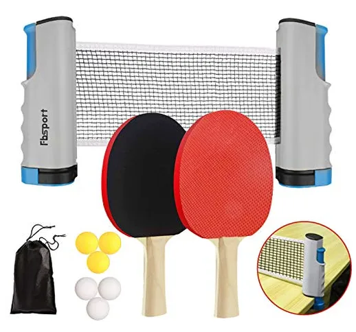 FBSPORT Set da Ping Pong, Set di Racchette Ping Pong,2 Racchette da Ping Pong, Rete Estens...