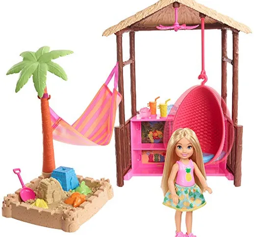 Barbie Bambola Chelsea Bionda, Playset con Bungalow sulla Spiaggia, Poltrona Sospesa, Amac...