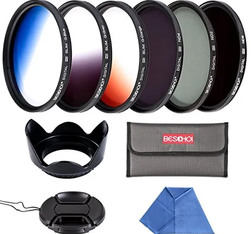 Beschoi 58mm Kit di filtri ND2 ND4 ND8 + Filtri graduato Arancione/Blu/Grigio con degli Al...