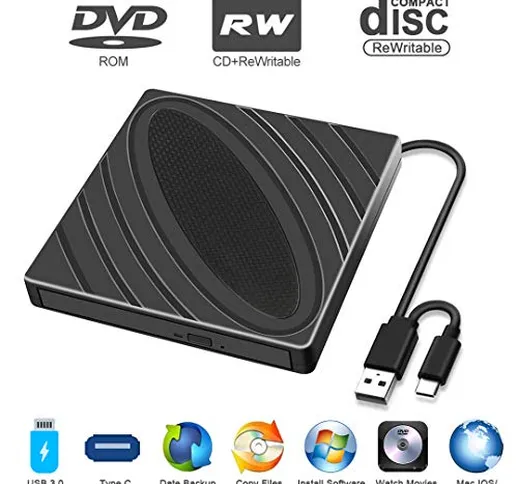 AQOTER unità CD Dvd Esterna, Lettore di masterizzatore CD/Dvd-RW Portatile USB 3.0 Type-C,...