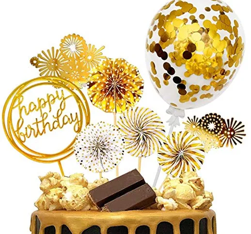 iZoeL Decorazione Torta di Compleanno Oro Cake Topper Happy Birthday Coriandoli Palloncino...
