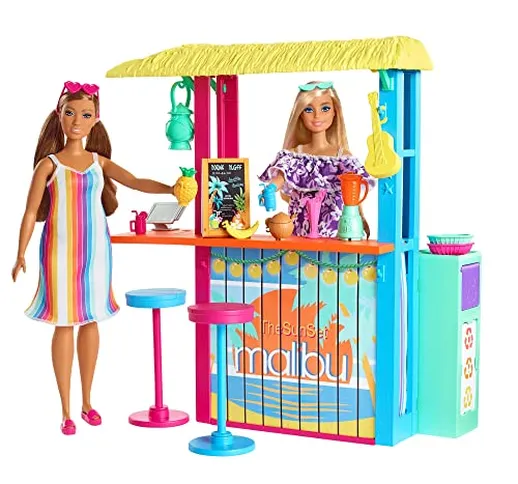 Barbie- Chiosco da Spiaggia di Malibù con 2 Sedute per Bambole e Tanti Accessori, Giocatto...