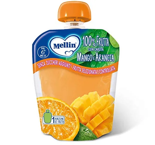Mellin, Pouch Merenda Frutta 100% Mango E Arancia Con Carota - 6 Confezioni Da 90 Gr