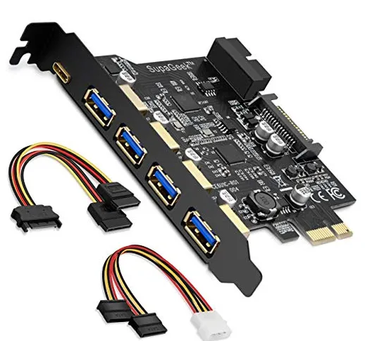 SupaGeek PCI-E a Tipo C (1), Tipo A (4) USB 3.0 5-Port PCI Express Expansion Card, in Grad...