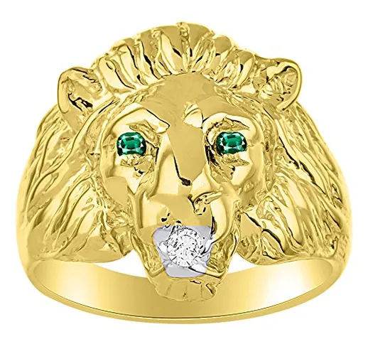 Smeraldo e diamante testa di leone anello oro giallo 14 K Band